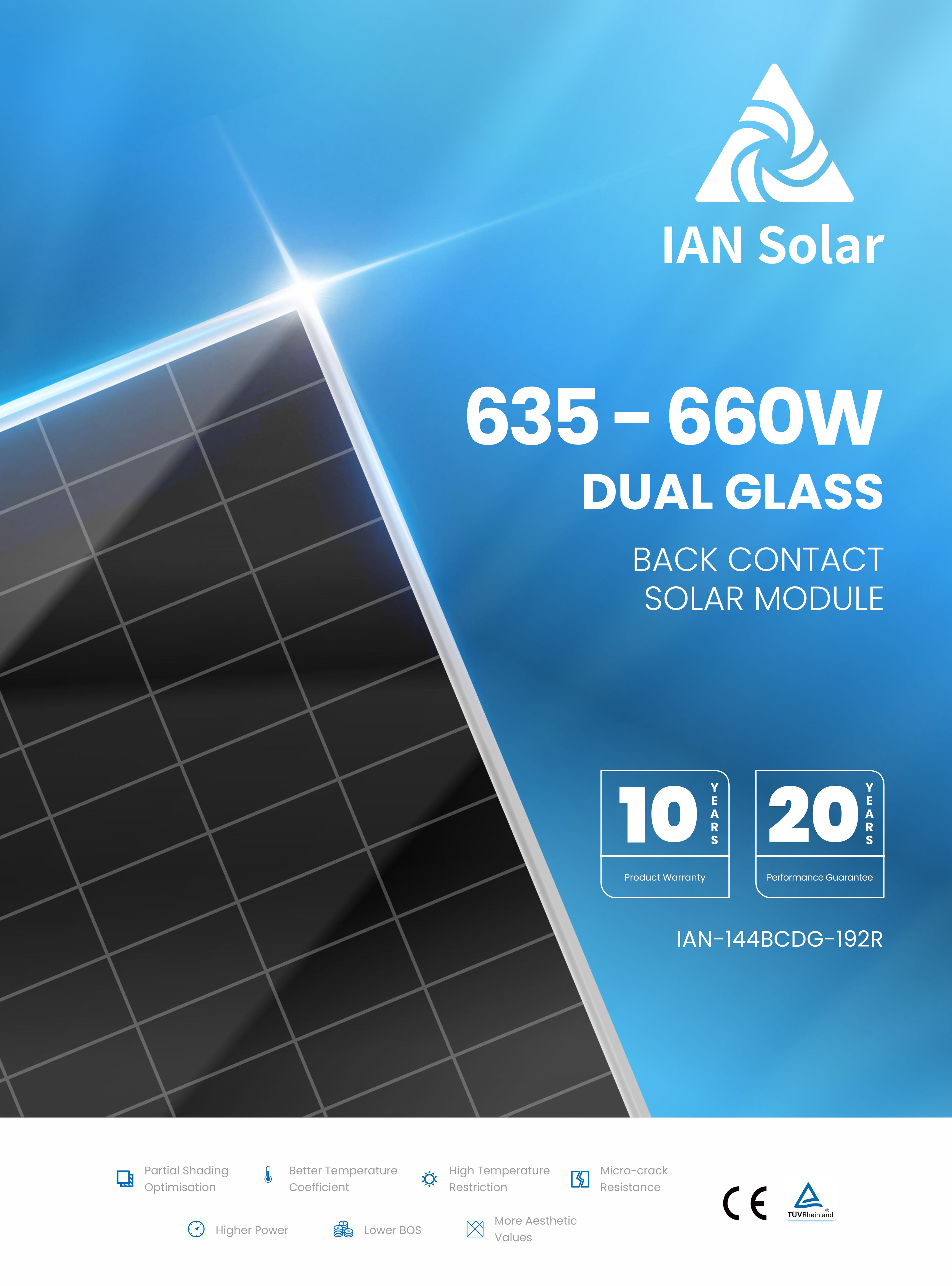 Tấm Pin Mặt Trời IAN Solar 144BCDG-192R: Công Nghệ Back Contact Dual Glass 660W Cho Hộ Gia Đình
